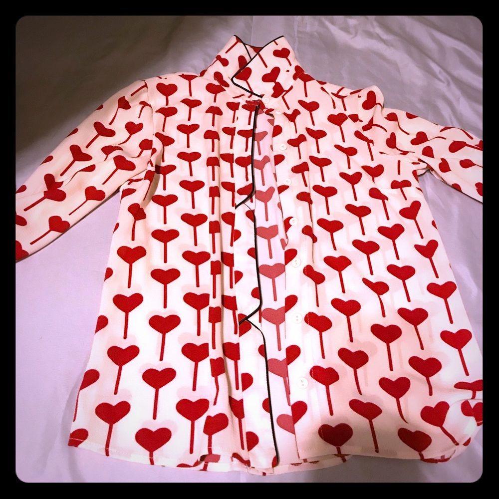 Size 2 Topshop blouse with hearts and blue piping